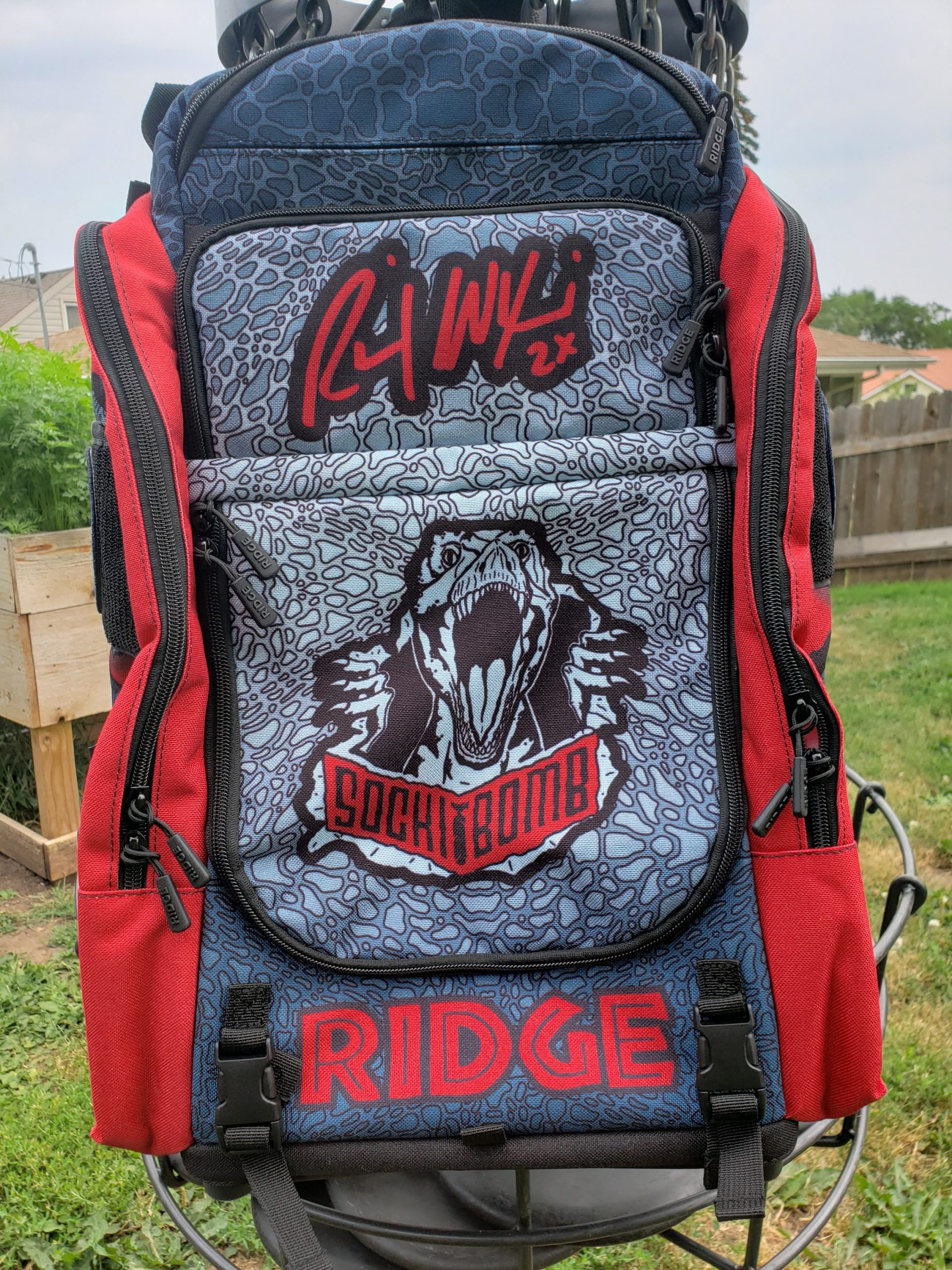 Ricky Wysocki Limited Edition Ridge v3 Backpack with built in seat disc golf disc front view