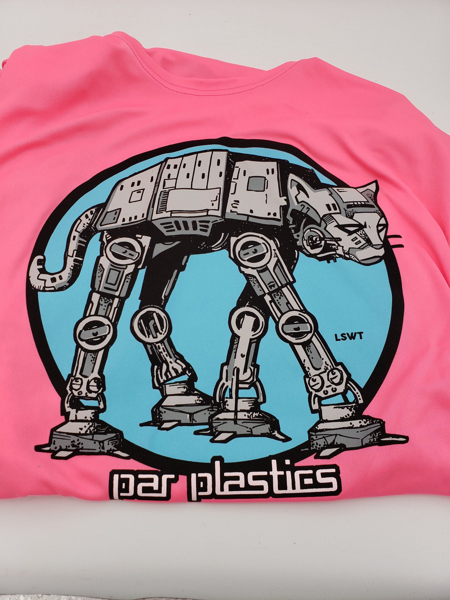 Par Plastics AT-AT Cat performance shirts by LSWT disc golf disc front view