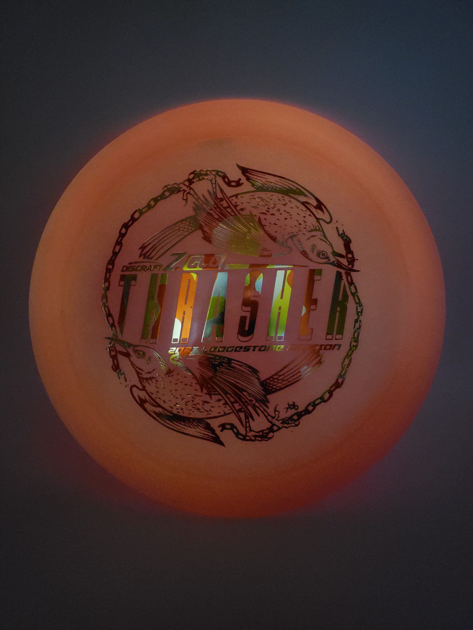 Discraft Ledgestone 2023 Z Glo Thrasher disc golf disc top view